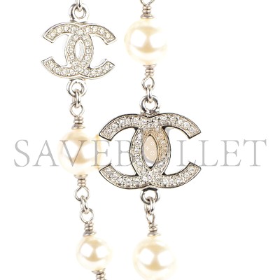CHANEL CRYSTAL PEARL CC LONG NECKLACE SILVER 260MM 169293