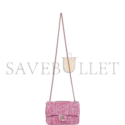 CHANEL MINI CLASSIC RECTANGULAR FLAP BAG PINK TWEED AND SEQUIN GOLD HARDWARE 192410 (20*13*6cm)