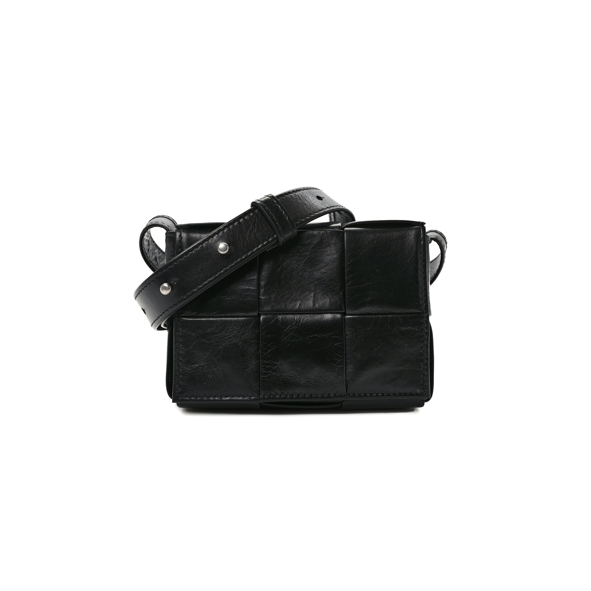 BOTTEGA VENETA PAPER CALFSKIN MAXI INTRECCIO EXTRA MINI CASSETTE CROSSBODY BAG BLACK (13*9*5cm)