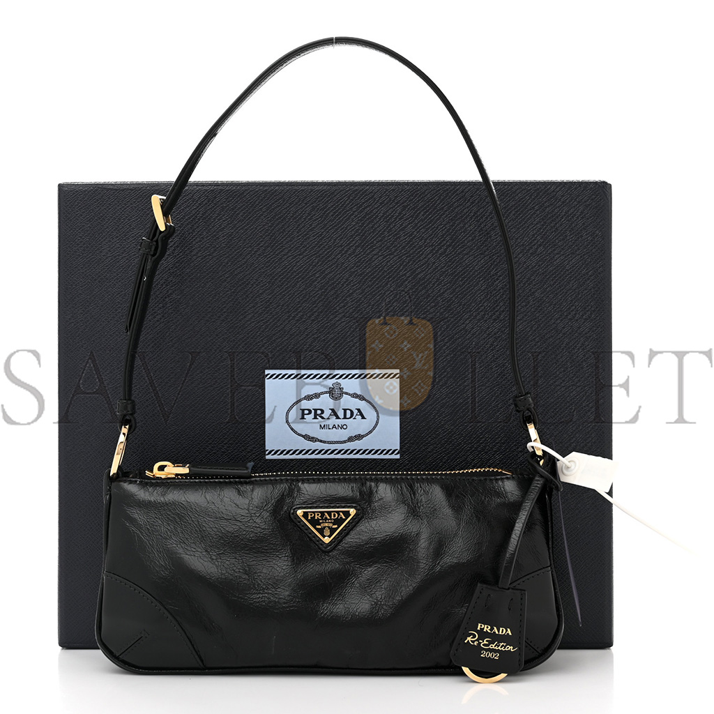 PRADA VITELLO SHINE BRUSHED CALFSKIN RE-EDITION 2002 SHOULDER BAG BLACK (24*10*6cm)