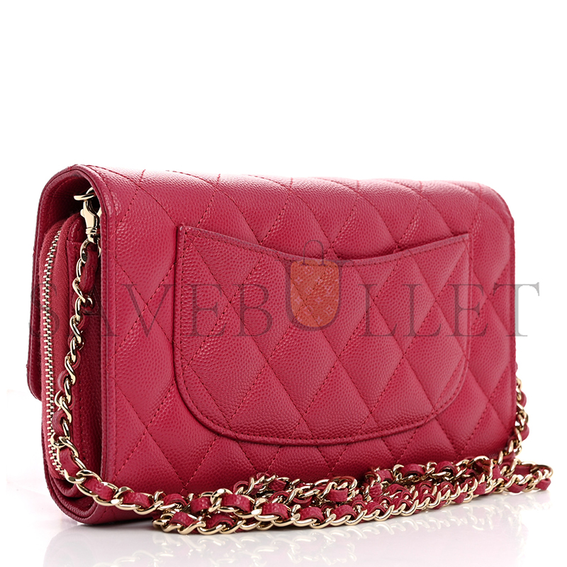 CHANEL CAVIAR QUILTED PHONE HOLDER WALLET ON REMOVABLE CHAIN DARK PINK 1658572 (18*11*4cm)