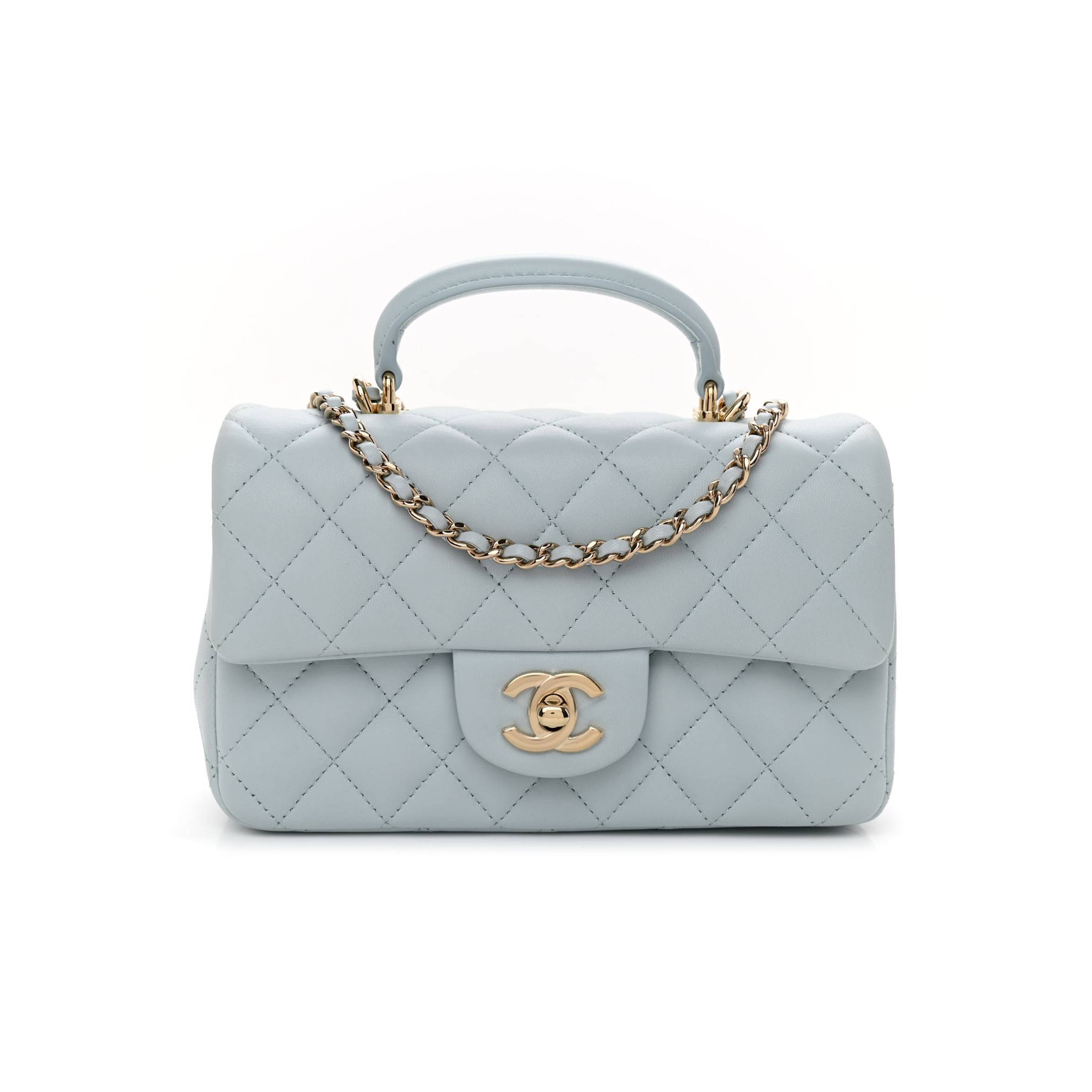 CHANEL LAMBSKIN QUILTED MINI TOP HANDLE RECTANGULAR FLAP LIGHT BLUE ROSE GOLD HARDWARE (19*12*6cm)