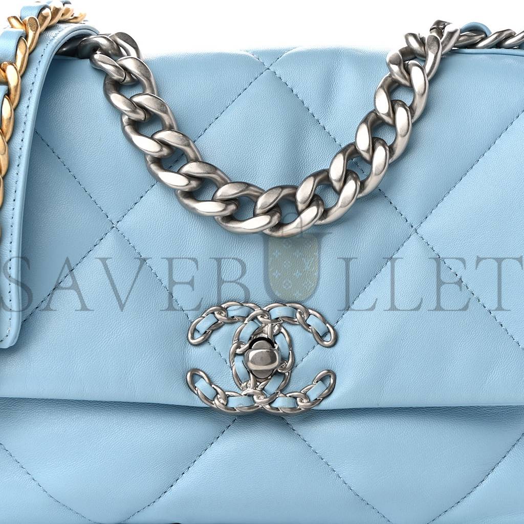 CHANEL LAMBSKIN QUILTED MEDIUM CHANEL 19 FLAP LIGHT BLUE SILVER HARDWARE (25*17*8cm)