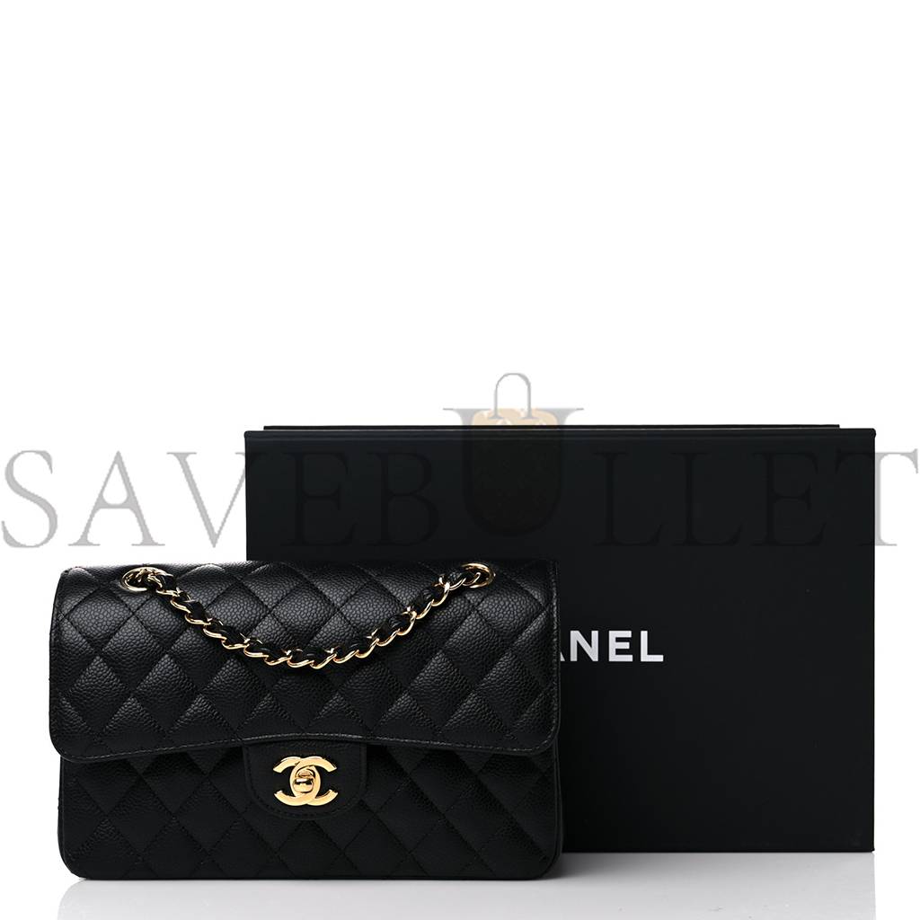 CHANEL CAVIAR QUILTED SMALL DOUBLE FLAP BLACK GOLD HARDWARE (23*15*6cm)