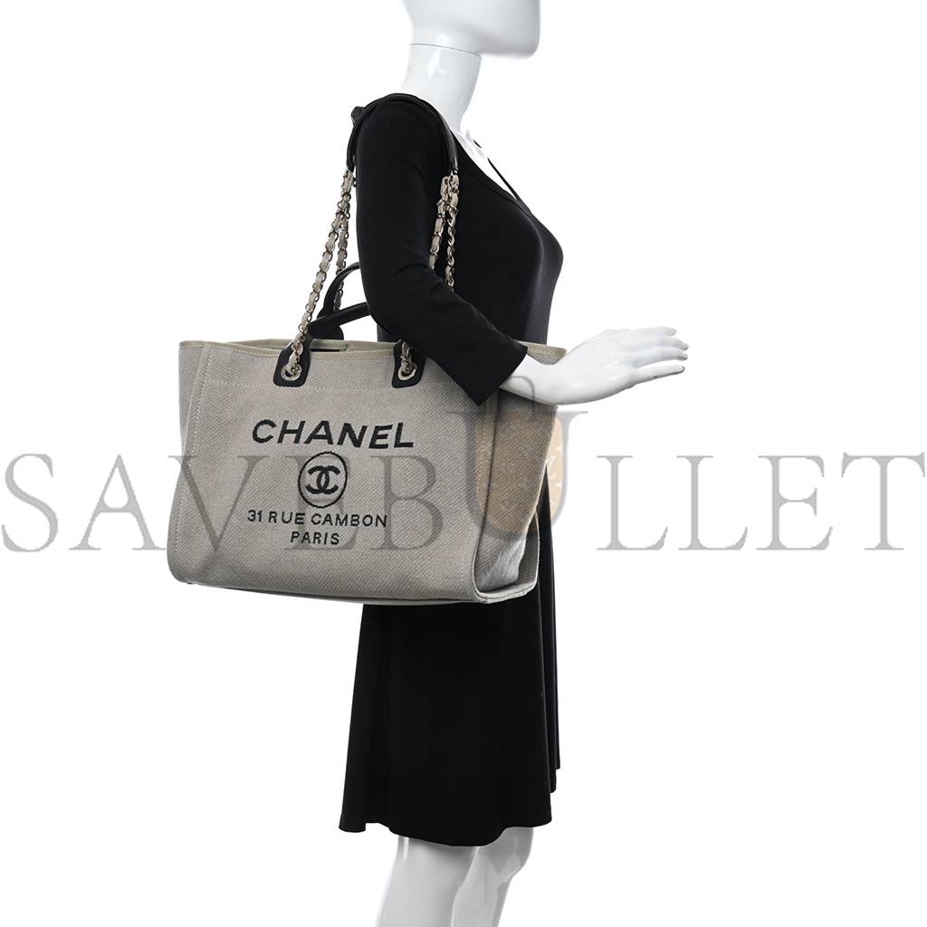 CHANEL MIXED FIBERS MEDIUM DEAUVILLE TOTE BEIGE BLACK (38*28*20cm)