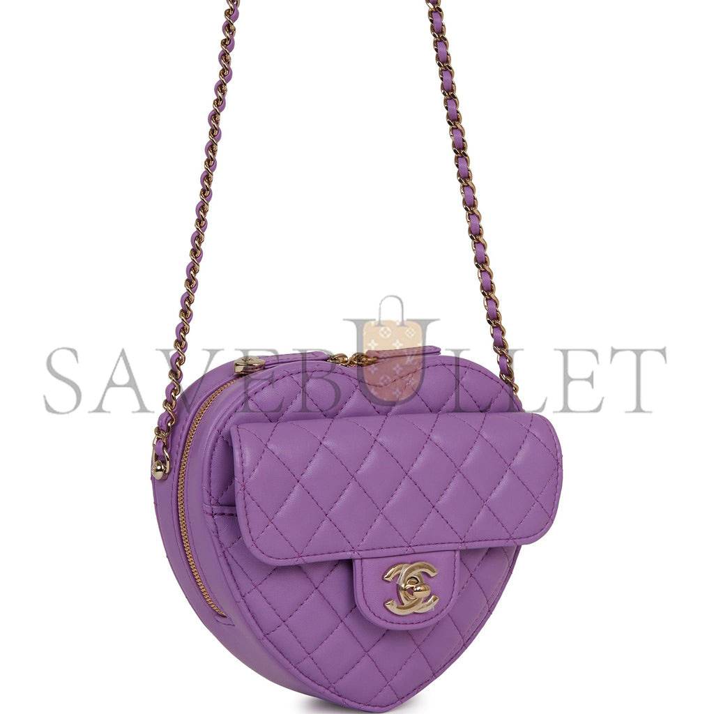 CHANEL CC IN LOVE LARGE HEART BAG PURPLE LAMBSKIN LIGHT GOLD HARDWARE (20*18*6cm)