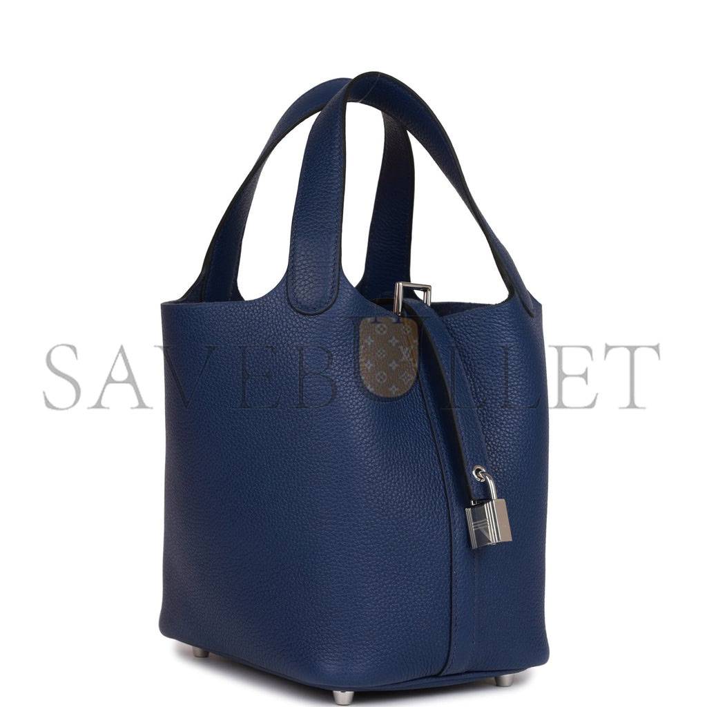 HERMES PICOTIN LOCK 18 BLEU SAPHIR MAURICE PALLADIUM HARDWARE (18*13*18cm)