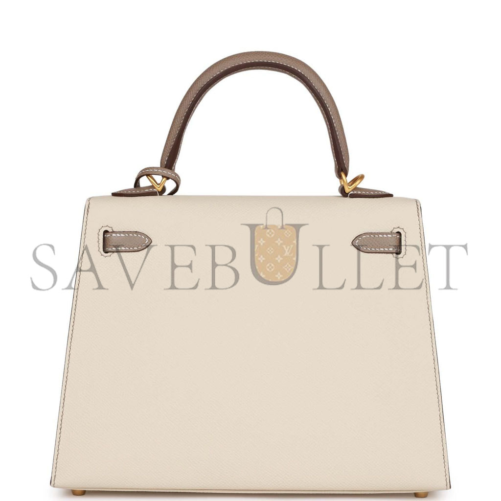 HERMES SPECIAL ORDER (HSS) KELLY SELLIER 25 CRAIE AND GRIS ASPHALTE EPSOM BRUSHED GOLD HARDWARE HANDMADE (25*17*7cm)