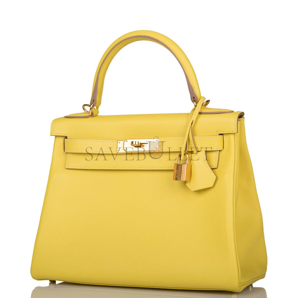 HERMES KELLY RETOURNE 28 LIME EVERCOLOR GOLD HARDWARE  (28*22*10cm)