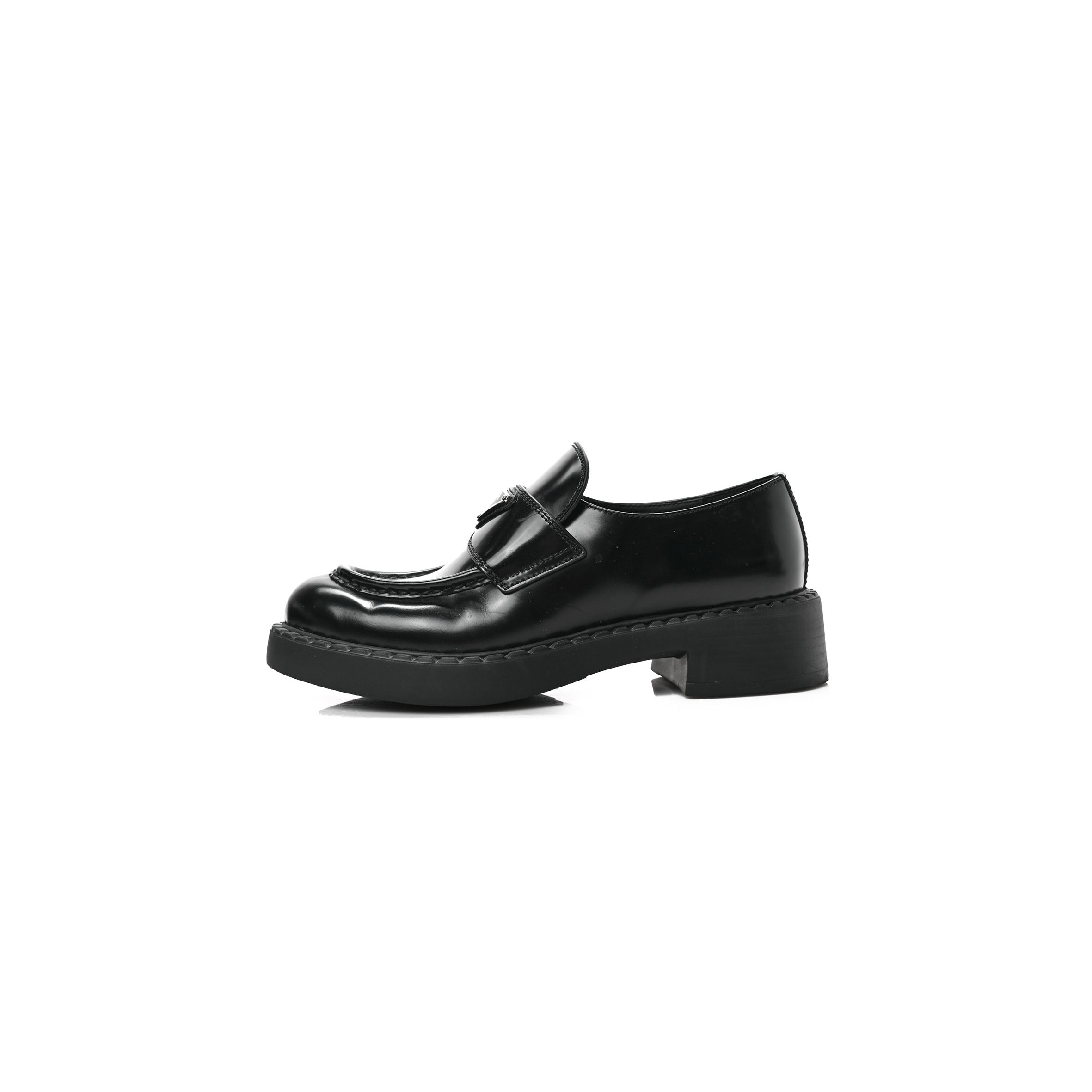 PRADA SPAZZOLATO METAL TRIANGLE LOGO 50MM LOAFERS 36.5 BLACK